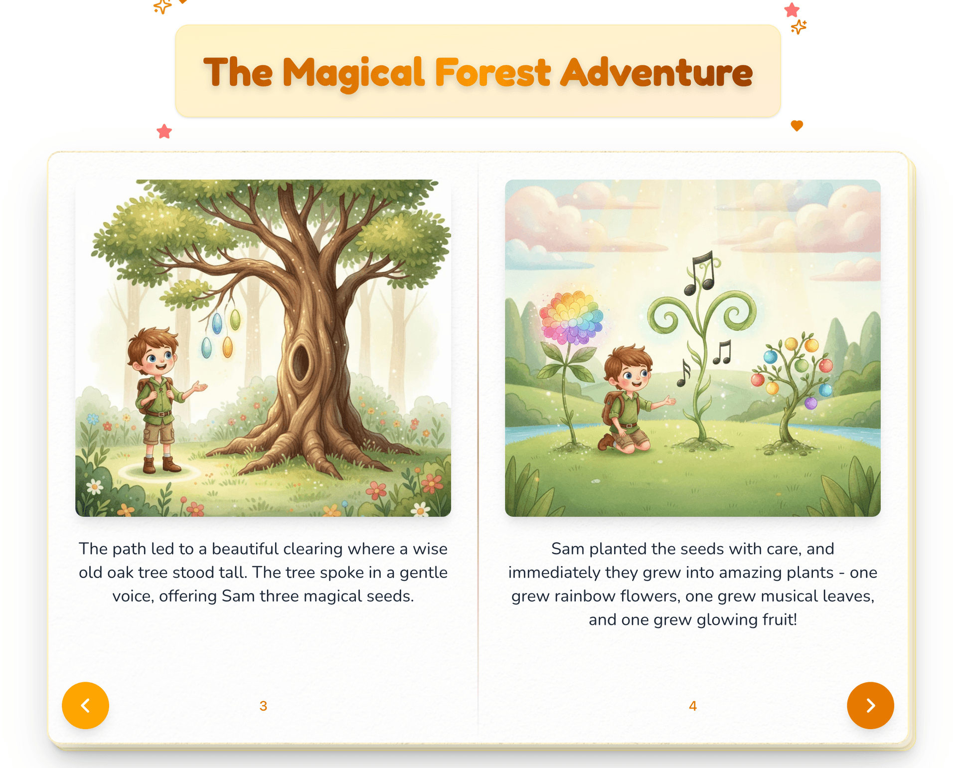 My Story Maker app showing an interactive storybook with colorful illustrations and child-friendly design